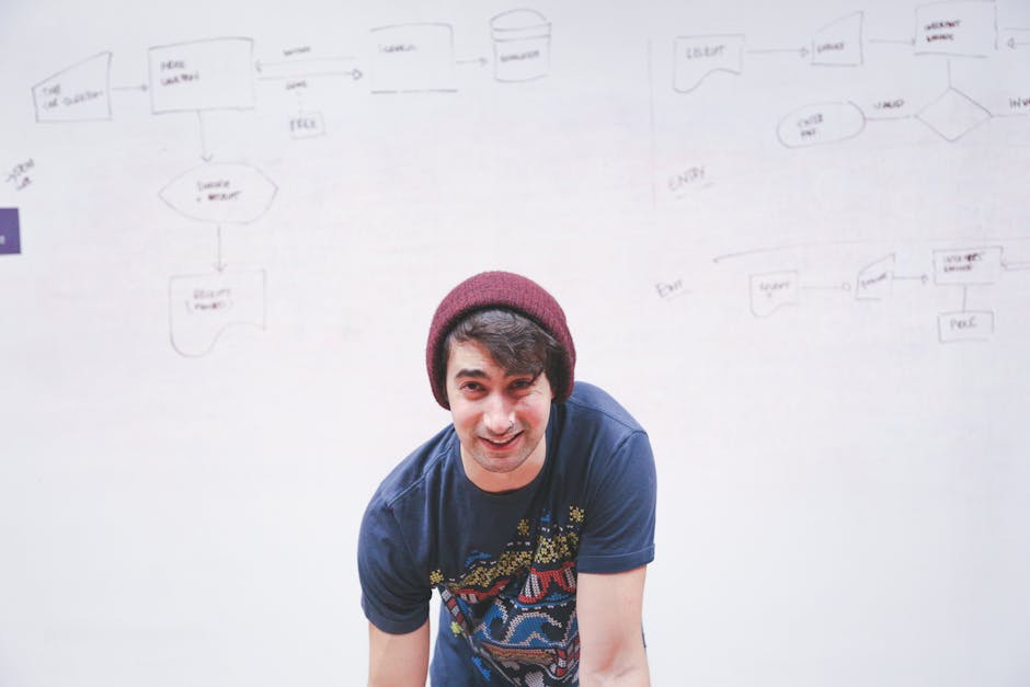 Smiling young man stands in front of a whiteboard with flowchart diagrams, creativity and planning concept.